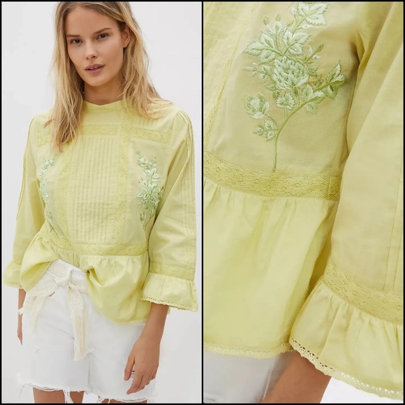 Anthro Duet Pastel Green Embroidered Beaded Crochet Lace Ruffle Blouse Top - Picture 2 of 8